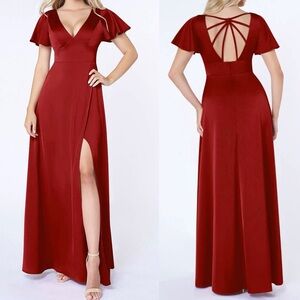 Azazie NWT Lani Formal Satin Dress Flounce Sleeve Pomegranate Red size A6 (6)